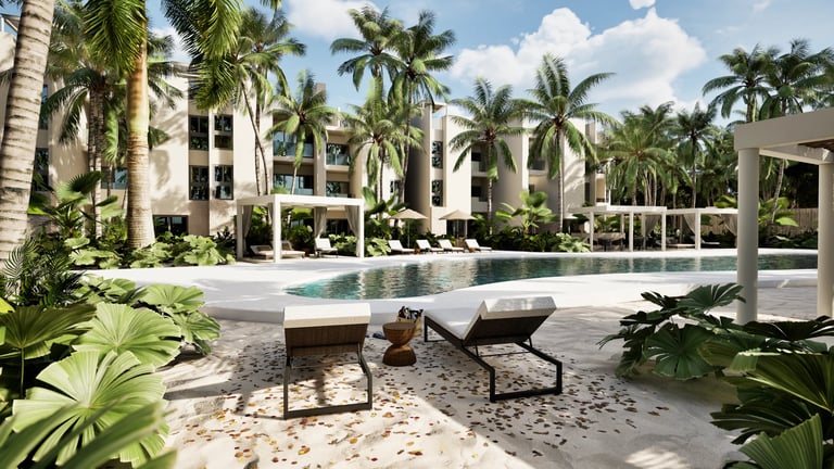 Luxury resort courtyard with lounge chairs, palm trees, and a swimming pool surrounded by white buildings