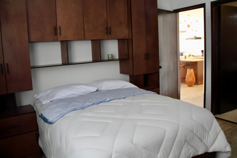 Modern bedroom with queen bed, white bedding, dark wood storage headboard with shelving, and doorway to ensuite bathroom visible