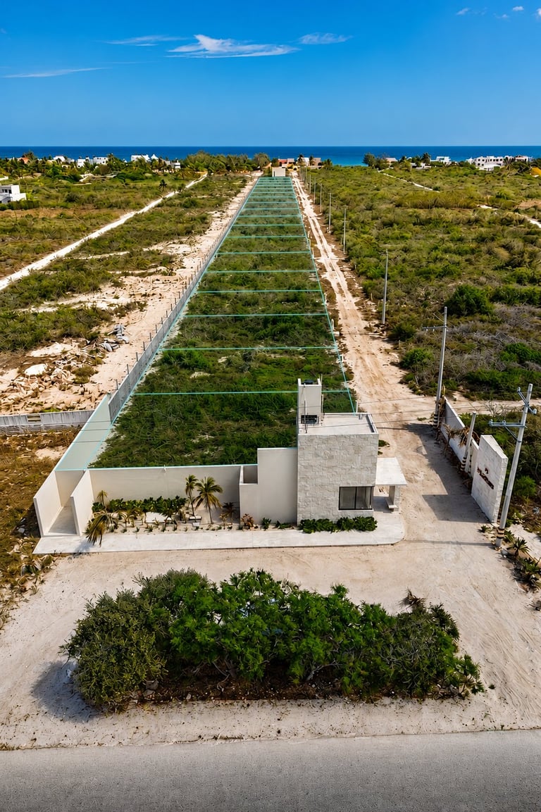 Aerial view of a modern white house along a long linear garden path leading toward the ocean under blue sky