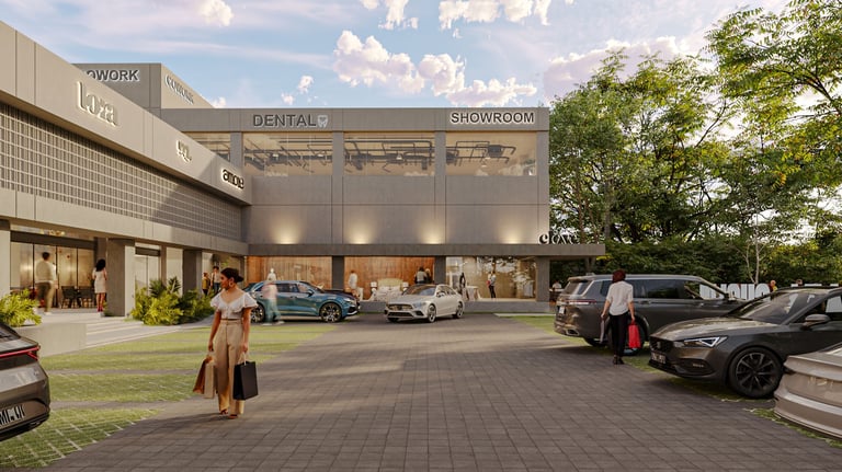 Modern commercial building with dental showroom and luxury car dealership, featuring parked vehicles and landscaping