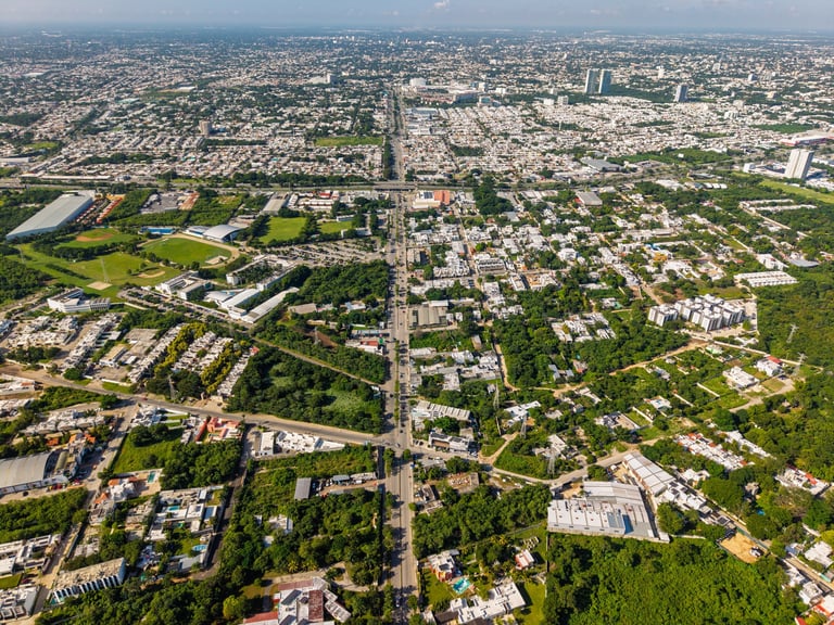 Vista aérea de una zona residencial en expansión con avenida principal arbolada y espacios verdes