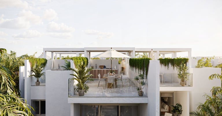 Edificio residencial blanco moderno con rooftop ajardinado, pérgola y macetas con vegetación