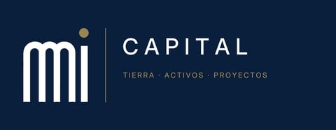 MI Capital logo with tagline tierra, activos, proyectos on dark blue background