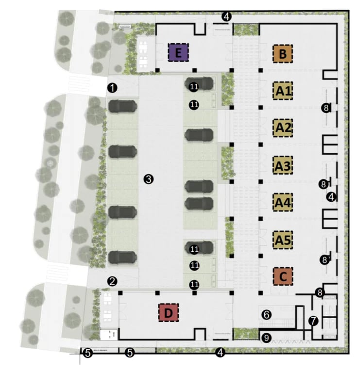 Architectural floor plan showing residential buildings layout with multiple units labeled A1-A5, B, C, D and parking areas with trees