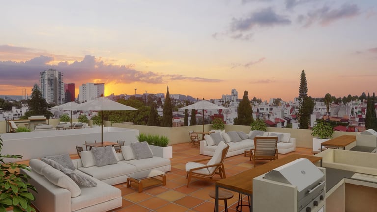 Rooftop lounge with modern furniture and city skyline at sunset, featuring comfortable seating and palm trees