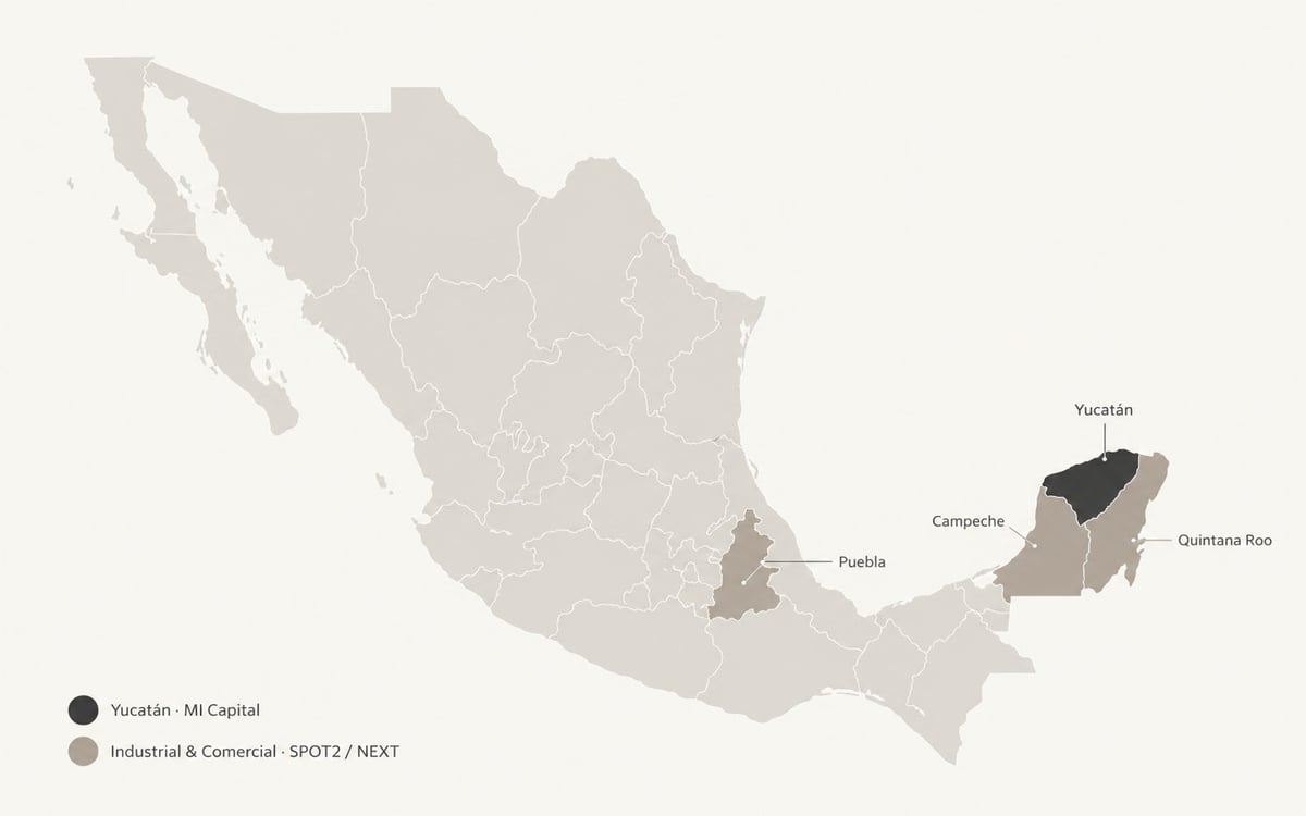 Mapa minimalista de México destacando Yucatán como base de operación de MI Capital y la cobertura Industrial y Comercial de SPOT2 NEXT en Yucatán, Campeche, Quintana Roo y Puebla