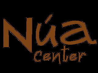 Nua Center logo with brown stylized text and decorative brush stroke on black background