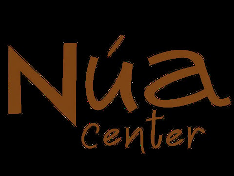 Nua Center logo with brown stylized text and decorative brush stroke on black background