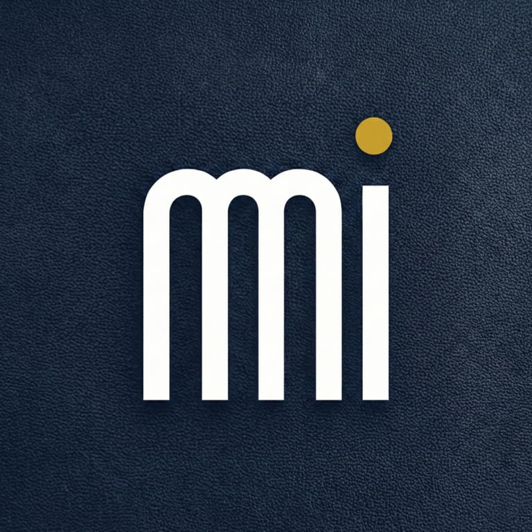 White lowercase letters m and i logo with gold dot on dark blue textured background