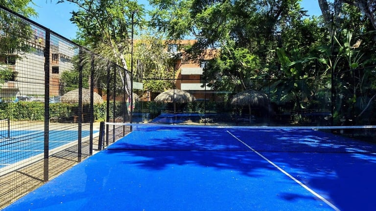 Blue sports court with metal fencing, surrounded by green trees and residential buildings under clear sky