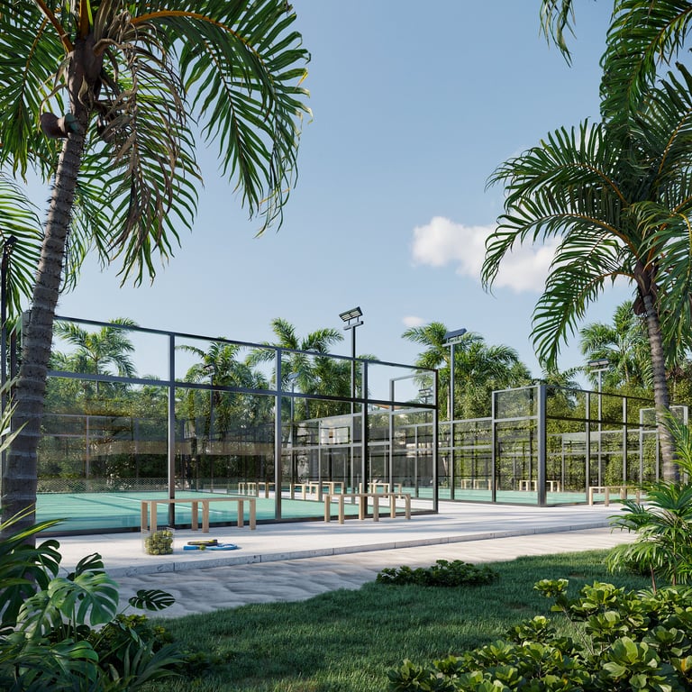 Modern poolside facility with glass enclosure surrounded by palm trees and landscaped grounds under blue sky